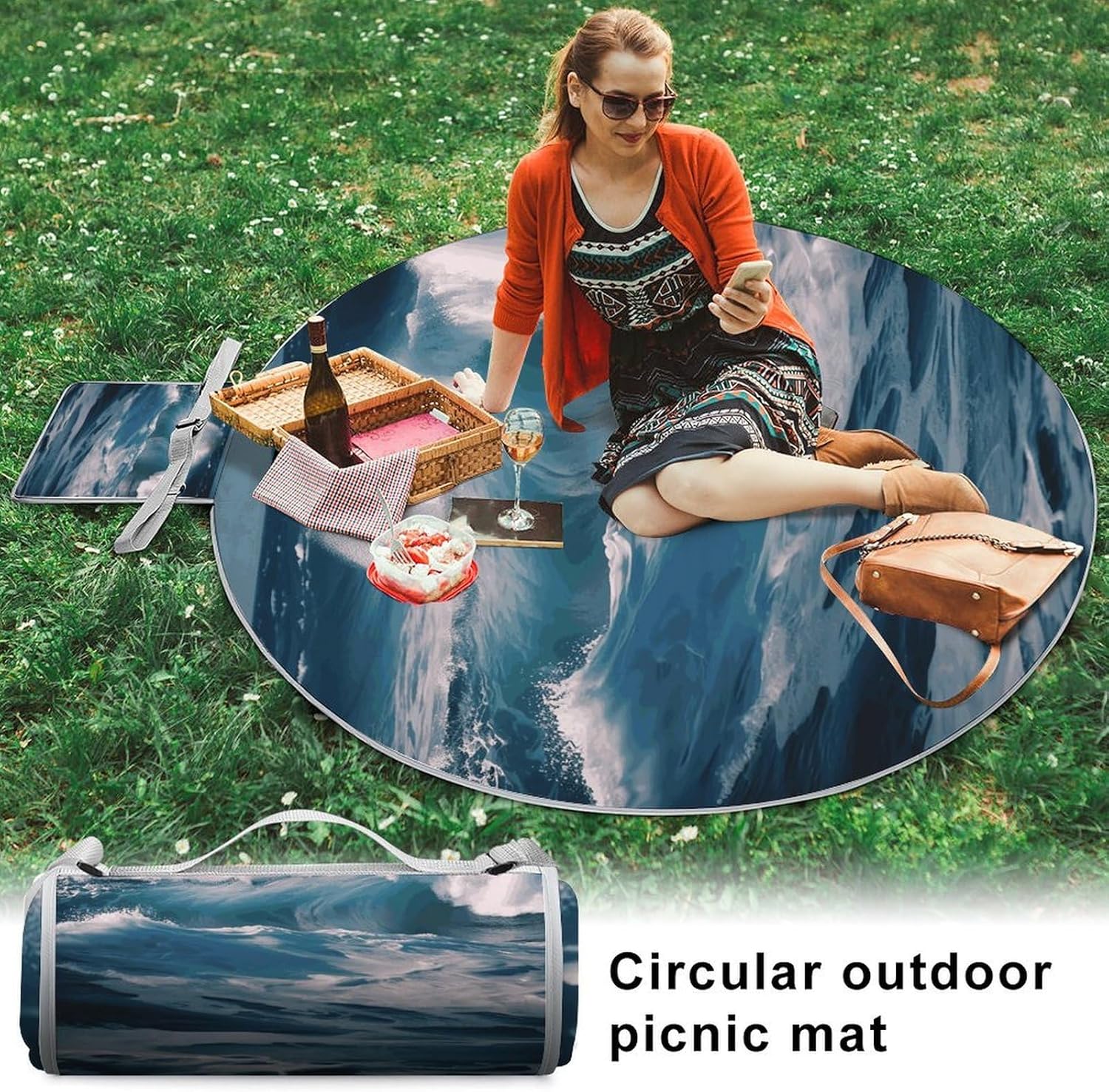 Ocean Waves Picnic Mat Lightweight Waterproof Picnic Blankets Extra Large Picnic Outdoor Blankets Foldable Sandproof Beach Blanket for Park Beach Camping Courtyard 58.3''x58.3''