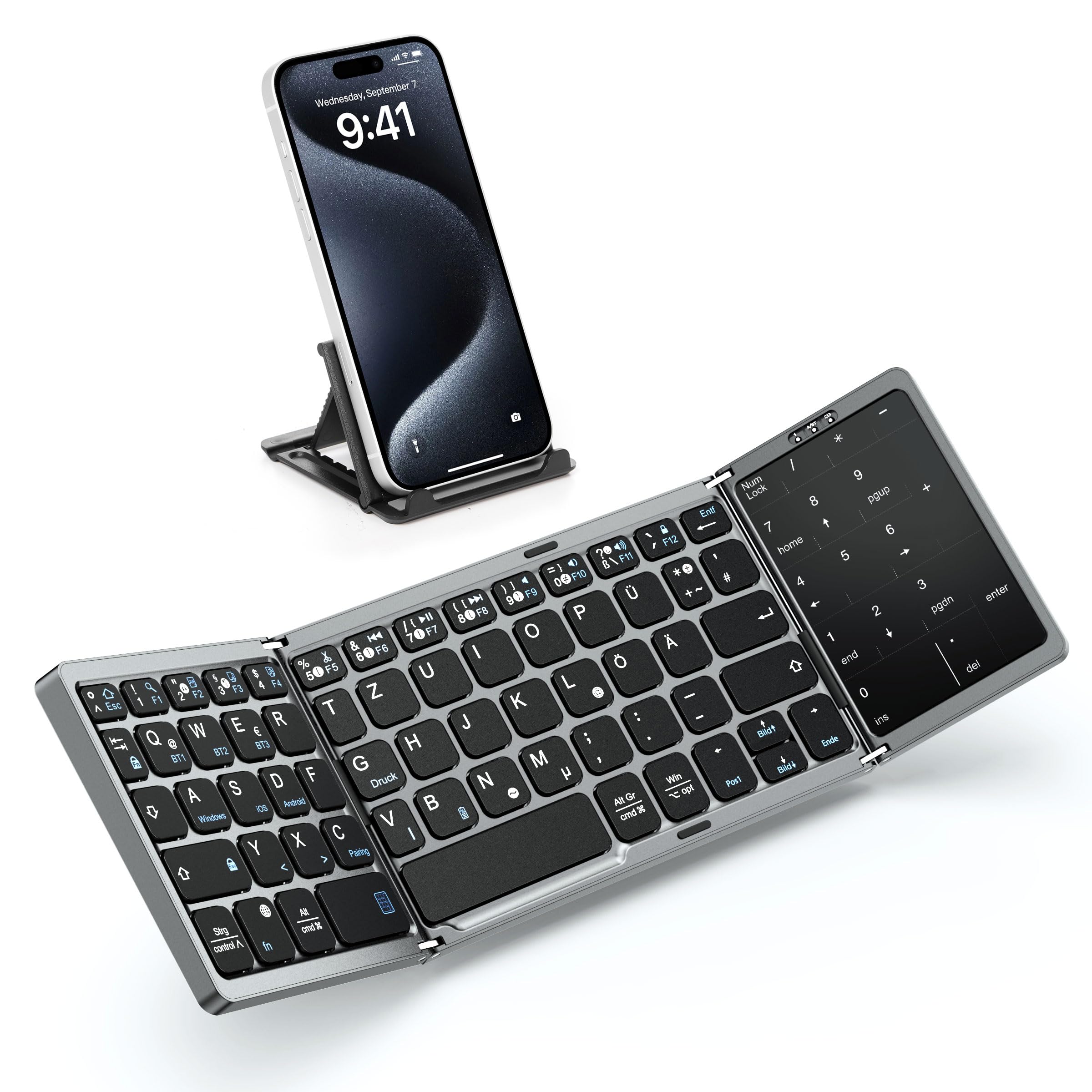 MoKo Tastiera Bluetooth Pieghevole, Tastiera Tedesca Portatile, QWERTY | Pieghevole con Touchpad e Pad Numerico, Tastiera Ricaricabile Multi Dispositivo per Windows, iOS, Android Tablet/Phone