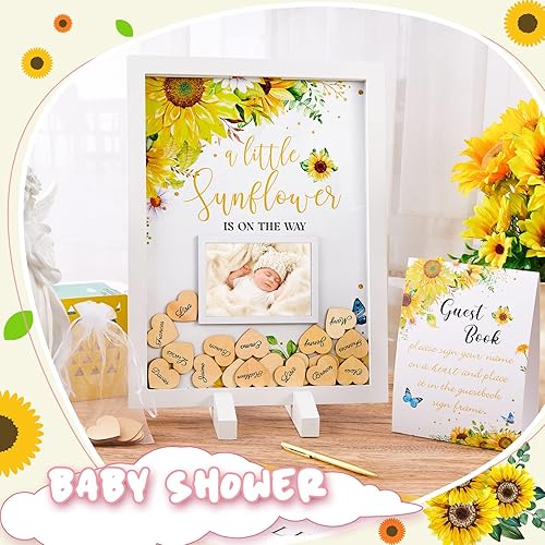 Miniatura 4 de Chunful 65 piezas de decoración de girasol para baby shower, libro de invitados alternativo para baby shower, letrero naranja para baby shower,