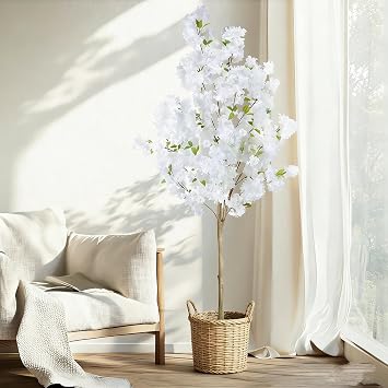 6FT Artificial Cherry Blossom Tree, Realistic Fake Cherry Blossom Tree in Pot, Decorative Faux Sakura Tree for Indoor Home Decor, Garden, Wedding, Party, Office White