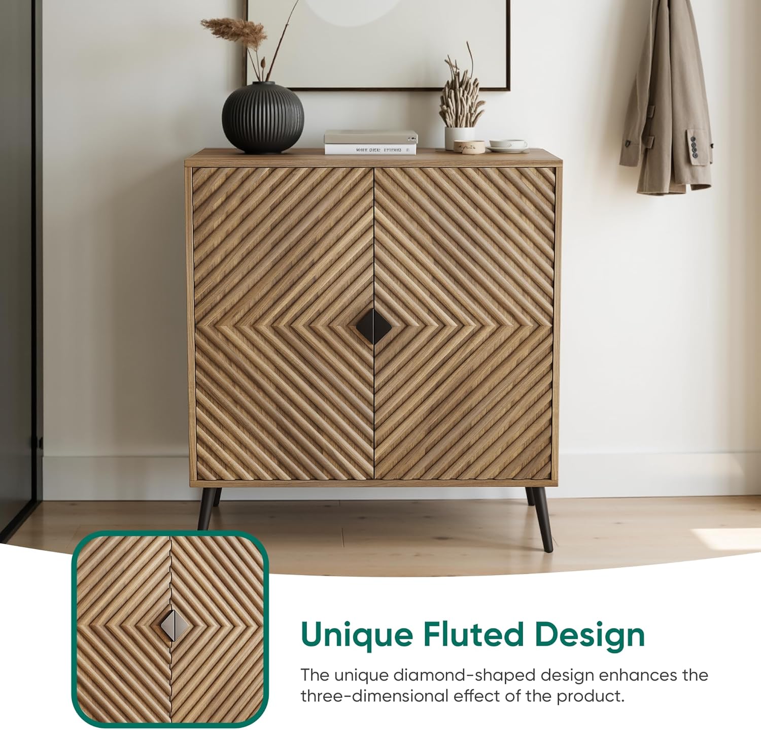 Smuxee Walnut Sideboard Cabinet with Fluted Diamond Doors, Freestanding Buffet Cabinet with Adjustable Shelf, Wood Storage Cabinet for Living Room, Entryway, Hallway