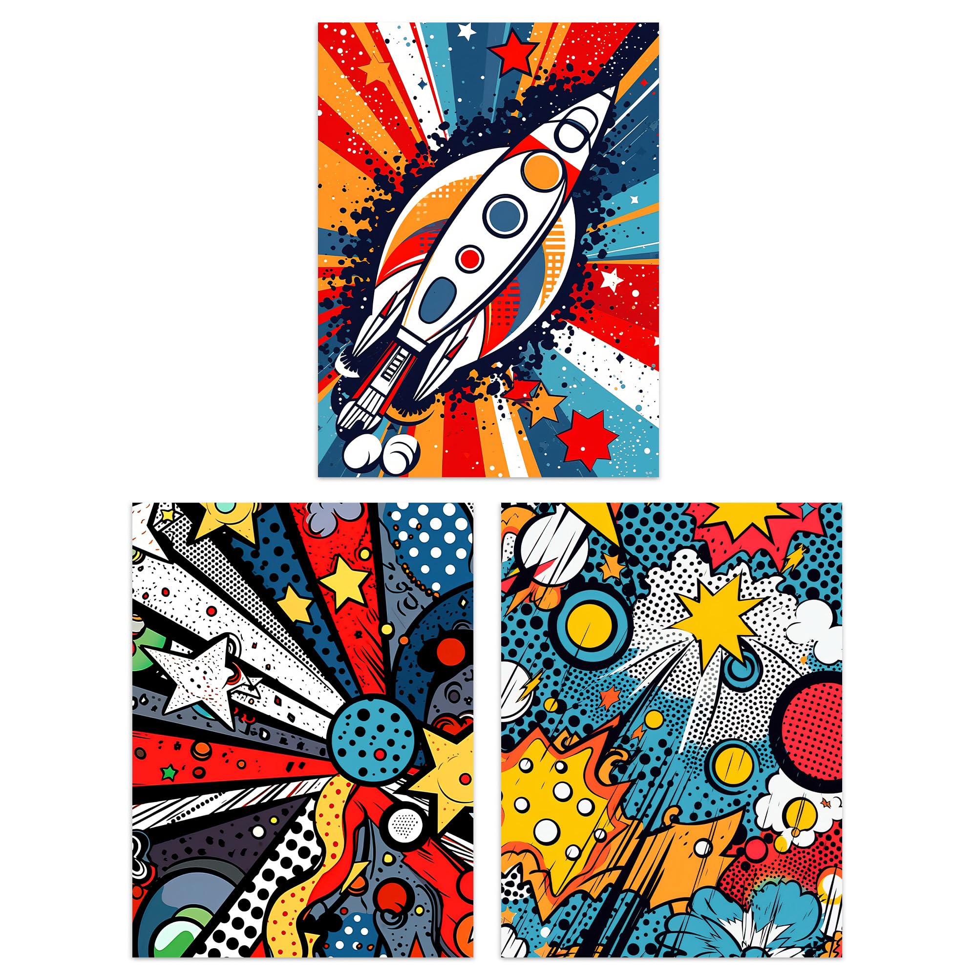 Artery8 Set of 3 Space Pop Art Comic Book Style Artwork Planet Stars and Rocket Kids Bedroom Unframed Wall Art Living Room Poster Prints Pack