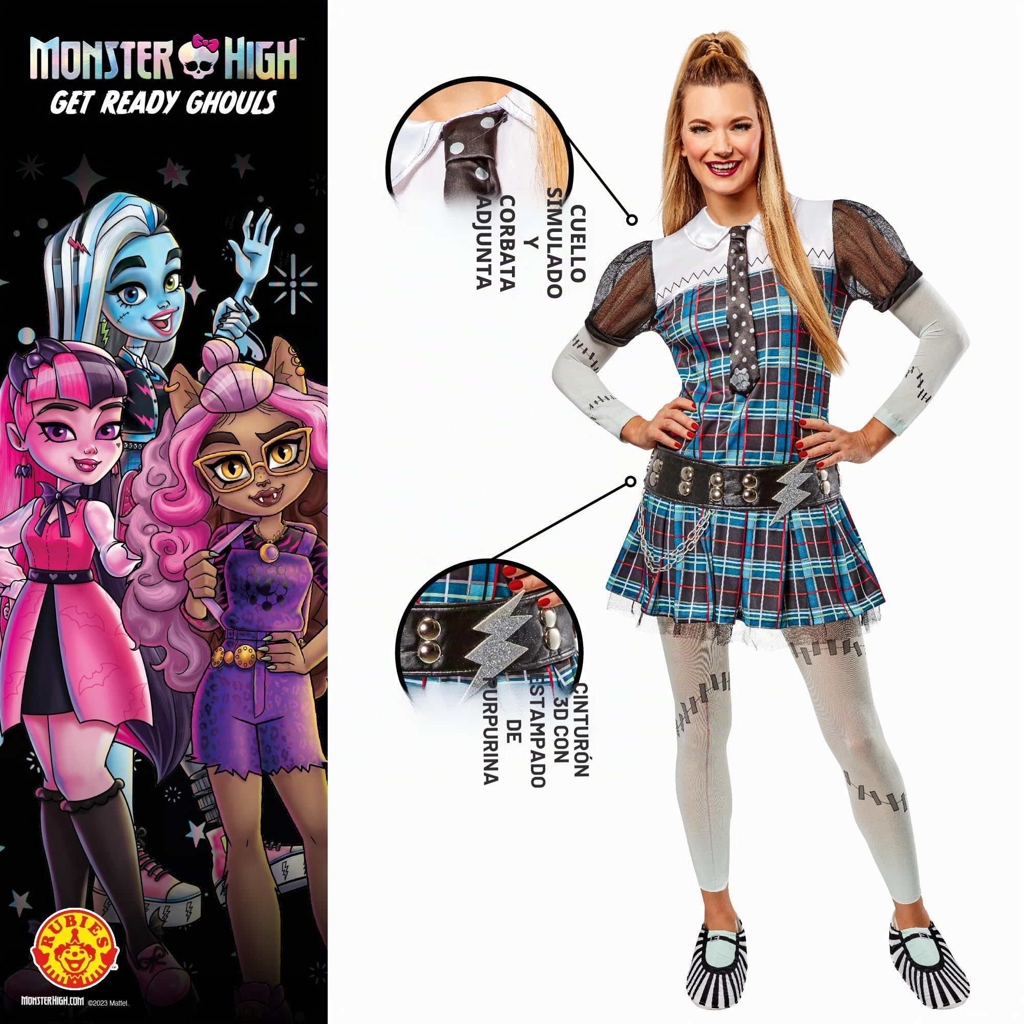 Rubies Disfraz Frankiestein para mujer, Vestido con corbata, presilla, cinturon, medias y cubre zapatos. Oficial Monster High, para Carnaval, Navidad, Cumpleaños, Fiestas y Halloween