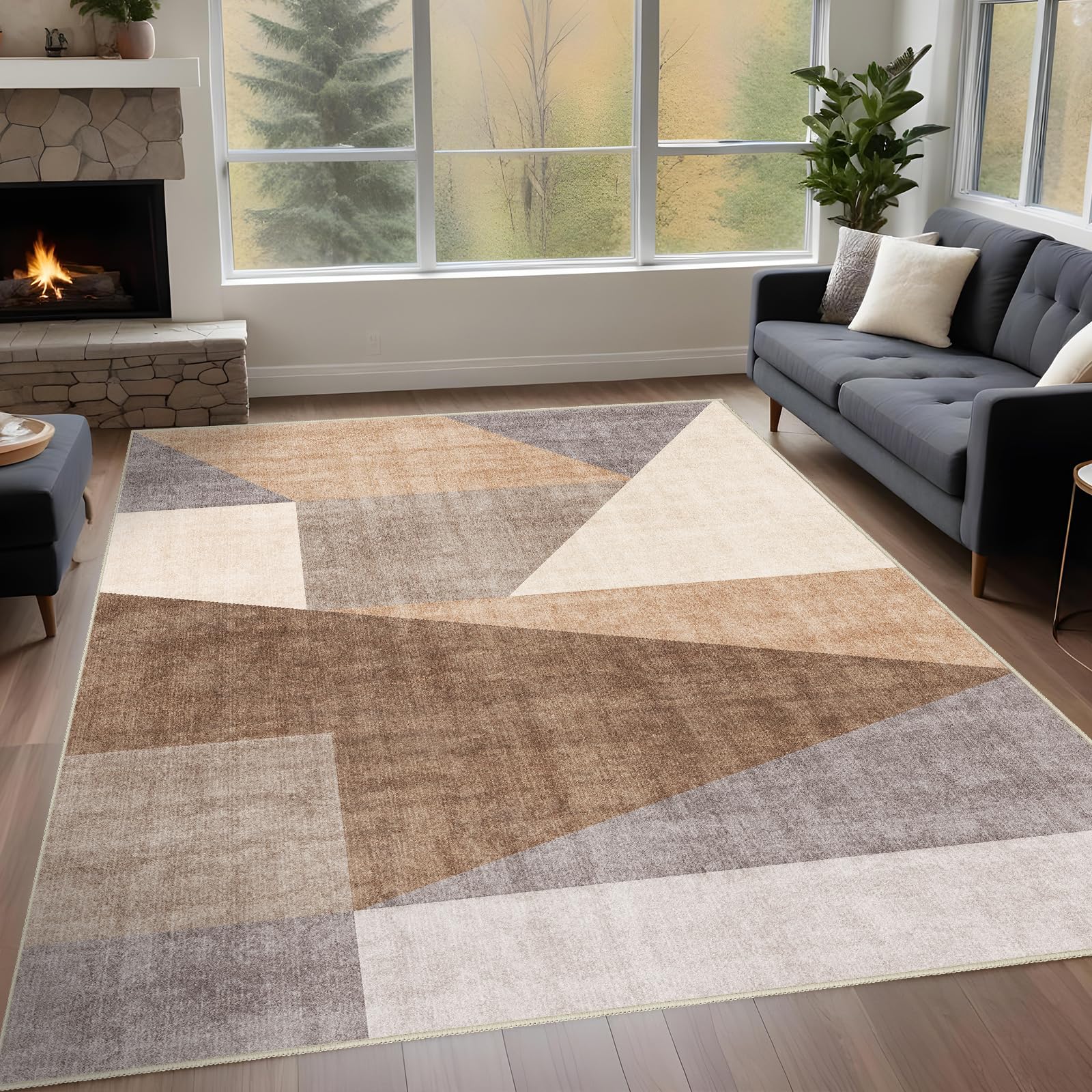 Puino Washable Modern Area Rug: 5x7 Geometric Area Rugs for Living Room & Bedroom with Non-Slip Backing Modern Geometric Carpet for Living Room Brown