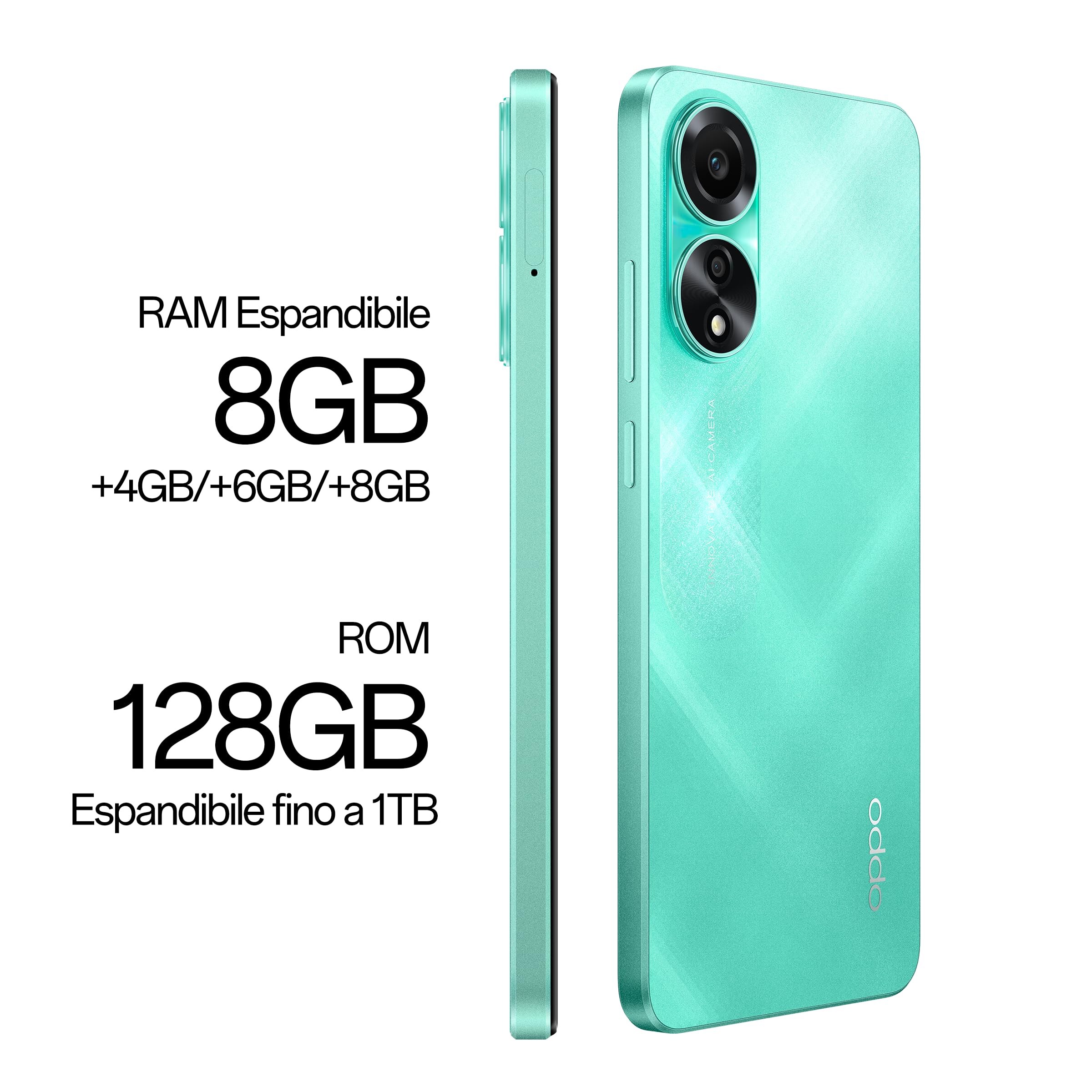 OPPO A78 Smartphone, AI Doppia fotocamera 50+2MP, Selfie 8MP, Display 6.43” 90HZ AMOLED FHD+, 5000mAh, RAM 8+8 GB + ROM 128GB (esp1TB), IP54, Supporto Auto [Versione Italia], Colore Aqua Green