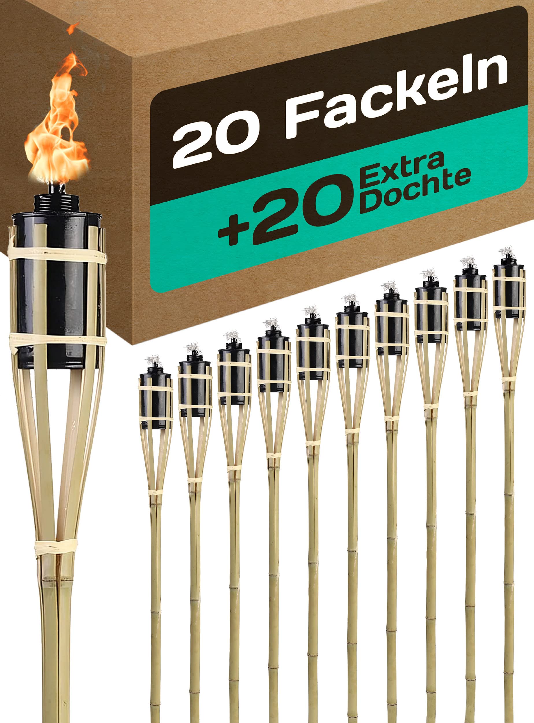 10 Gartenfackeln Fackeln 90 cm Naturfarbe Bambus Umweltfreundlich - Lange Brenndauer - Nachfüllbar
