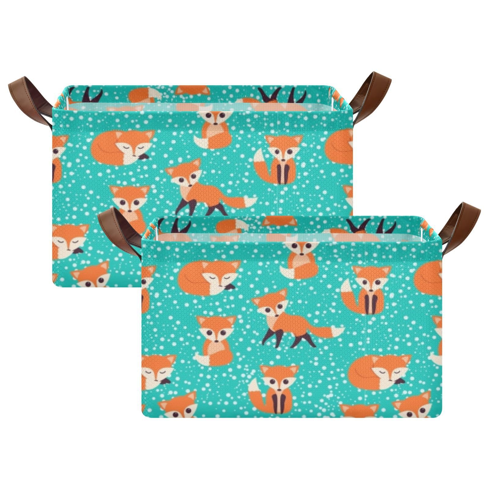 Seamless Cute Orange Foxes on Turquoise with White Polka Dots 2PC Rectangle Foldable Frame Basket Leather Handles Storage Bin for Laundry Bathroom Organizer M 16.9 x 11.4 x 10 inch