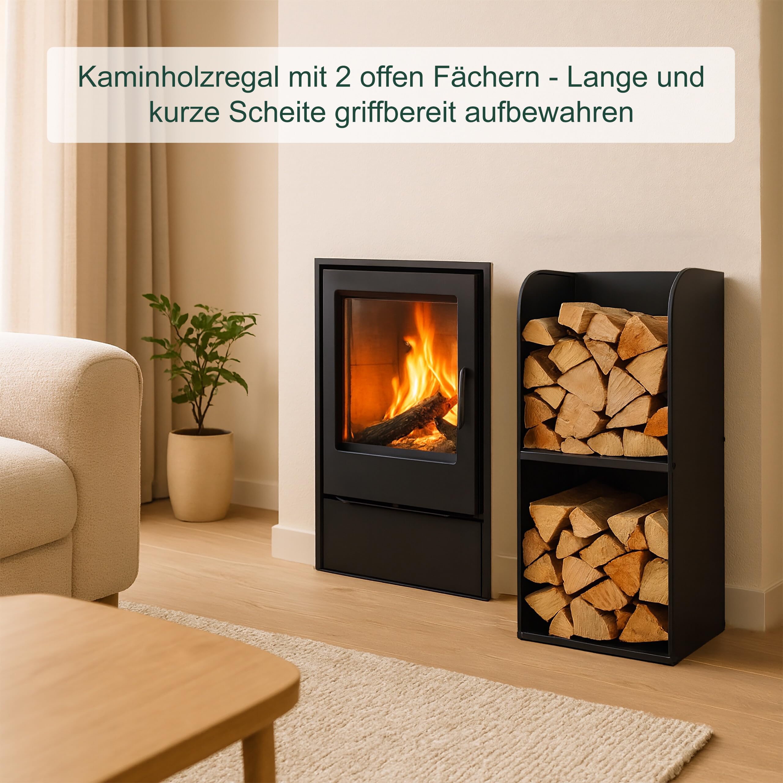 Relaxdays Kaminholzregal, HBT 80x40x30 cm, 2 Fächer, Brennholzregal für Feuerholz, Stapelholz, Brennholz, Eisen, schwarz