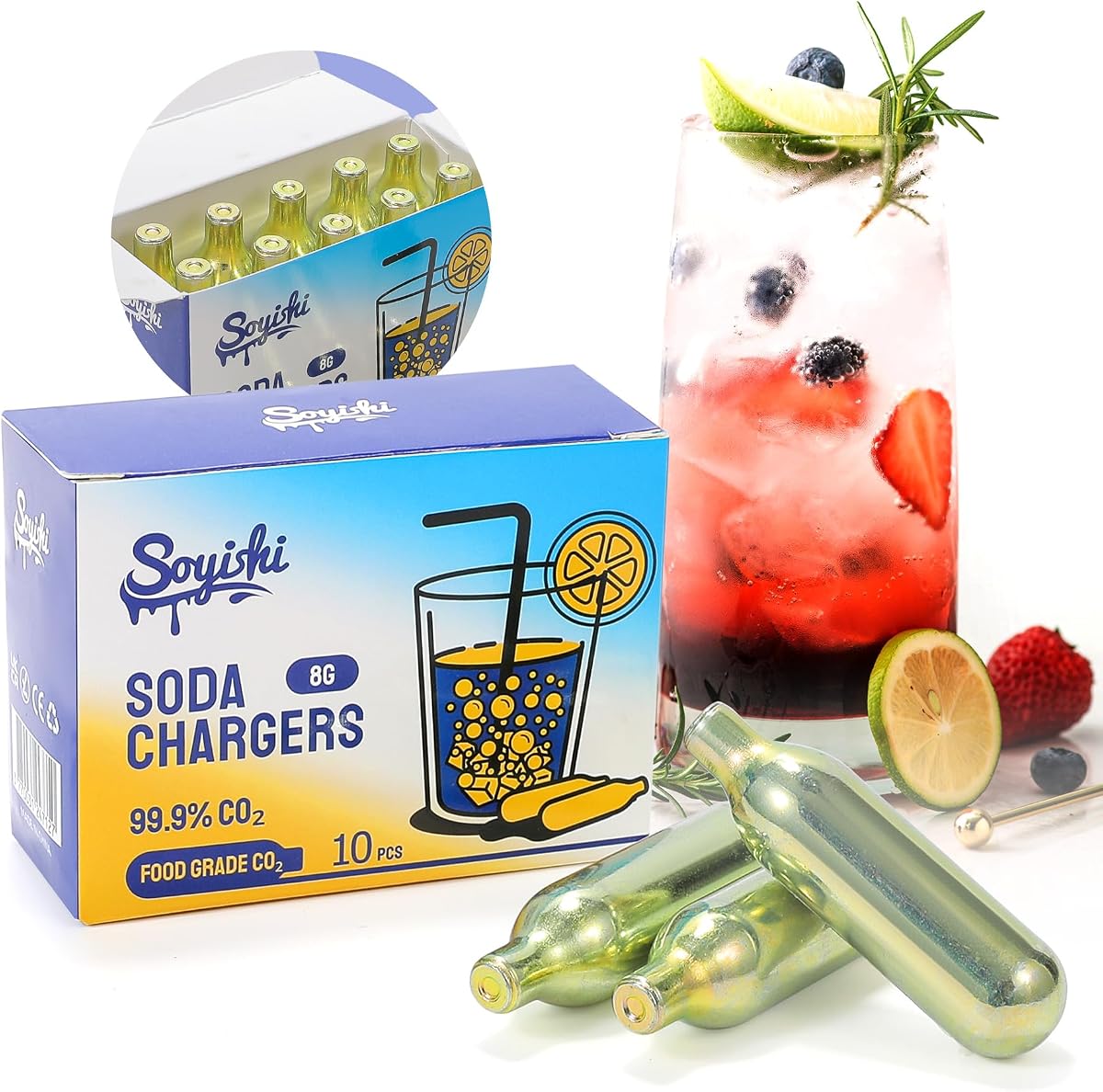 Cartuchos de soda de CO2 de 8 g para fabricantes de sodas Cartuchos de agua mineral de grado alimenticio Cargadores de soda sin rosca compatibles con sifones de soda (10 piezas)