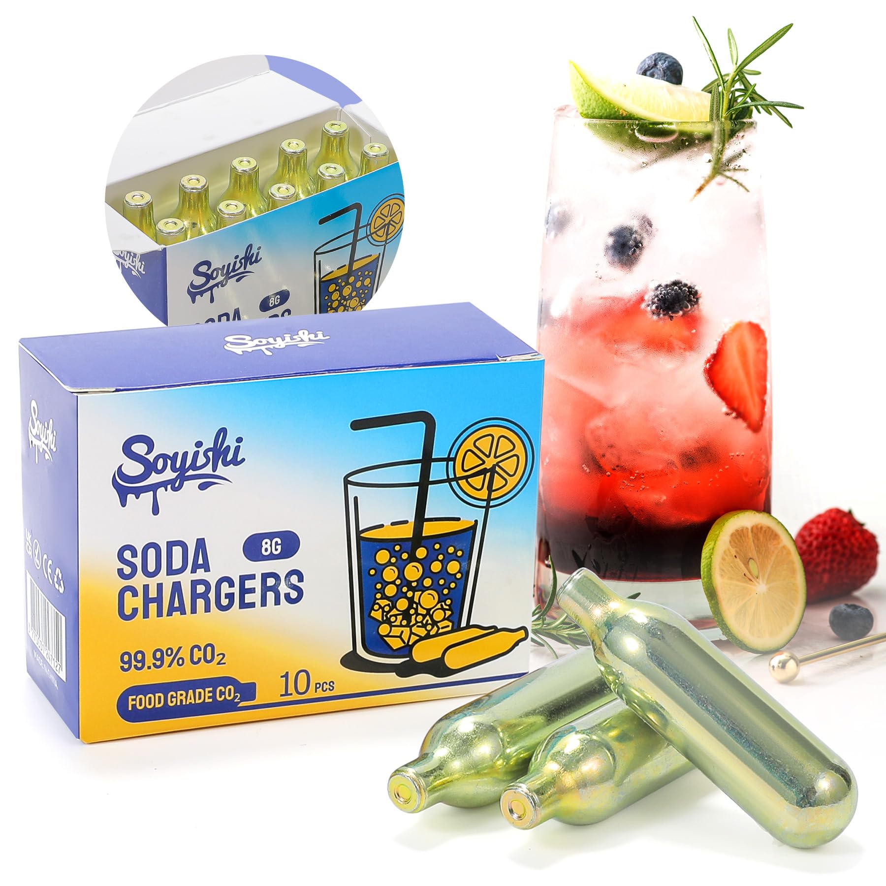 Soyishi CO2 8g Soda Cartridges for Soda Maker Food Grade Seltzer Water Cartridges Non-Threaded Soda Chargers Compatible With Soda Siphons(10 Pcs)
