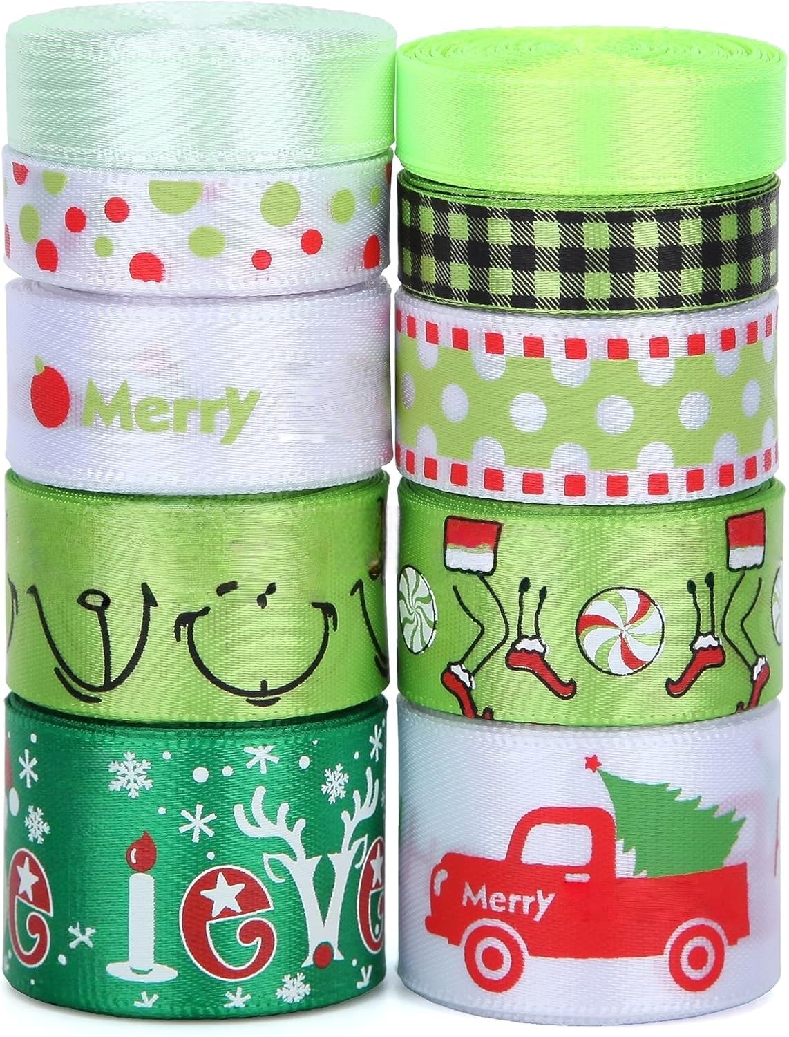 Meseey Red & Green Satin Ribbon - 10 Rolls, 50 Yards - Christmas Craft & Decorative Ribbons for Wreaths, Bows & DIY Crafts