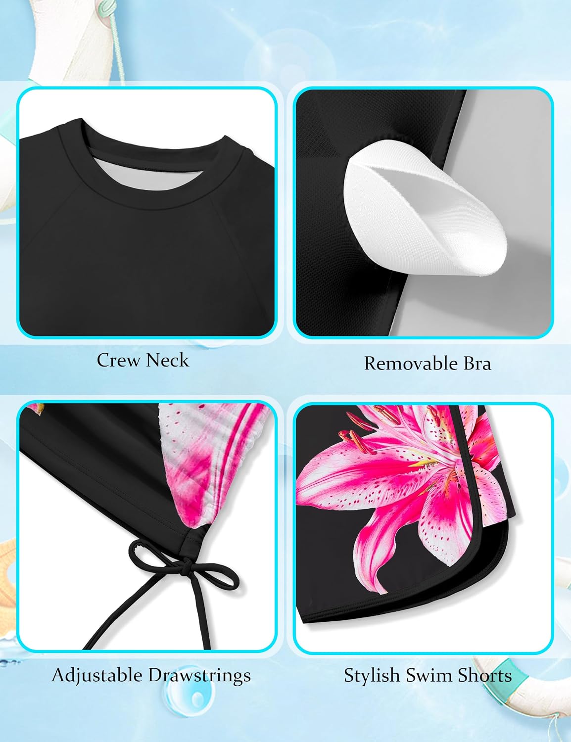 AGAPENG Girls Swimsuit Two Piece Short Sleeve Rash Guard Floral Print Ruched Girls Bathing Suit UPF 50+ Swimwear for 9-16Y