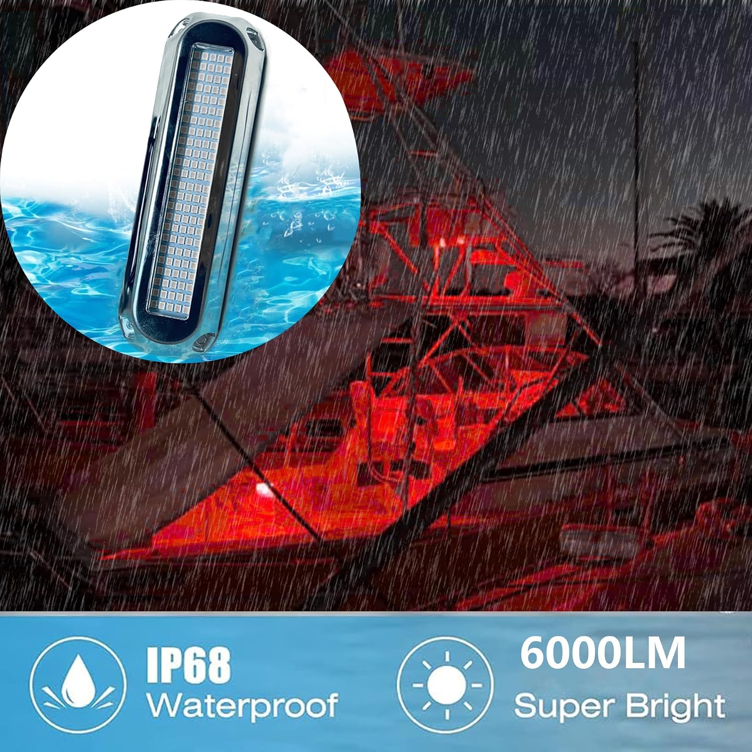 2Pcs Ultra-Bright Red Underwater LED Lights for Boats-120 LEDs,6000LM,IP68 Waterproof,316 Stainless Steel Marine Light for Transom,Deck,Dock,Pontoon Stern Navigation Interior Lighting