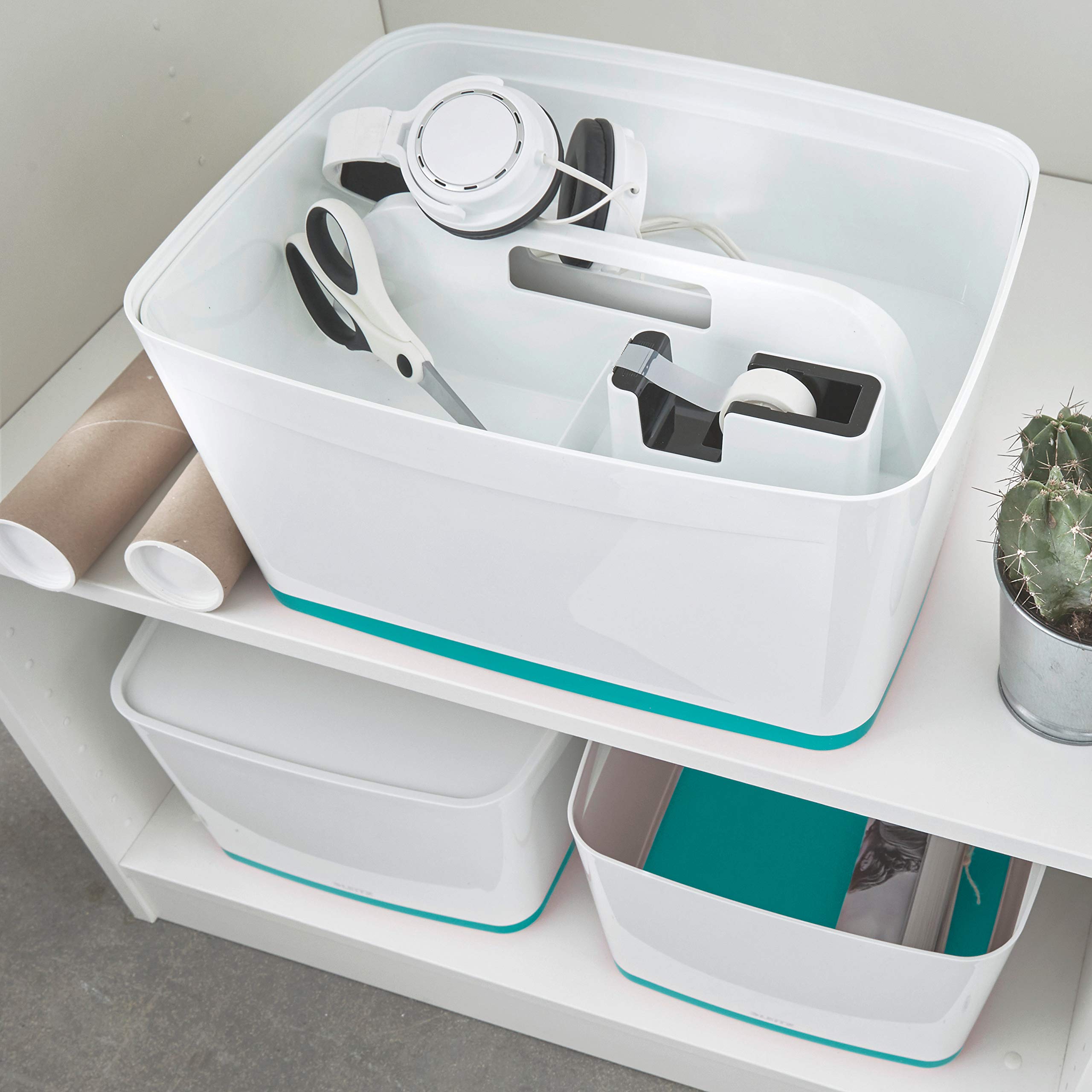 Leitz MyBox Grande con tapa, Caja de almacenaje para casa o la oficina, 18 litros, A4, Blanco/Azul metalizado, Plástico brillante, 52161036