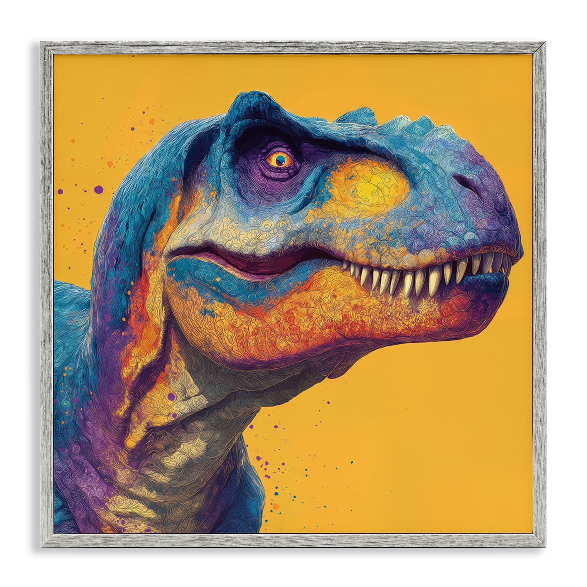 Stupell Industries 'Vibrant T-Rex Portrait', Framed Giclee Art, Gray, 24 x 24 Inches, Easy to Hang and Sturdy, Made in USA, by Wumples
