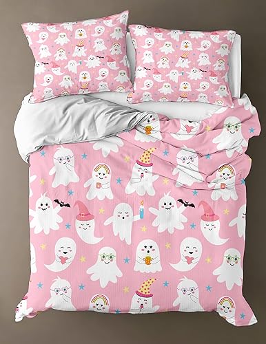 Miniatura 9 de Ropa de cama rosa de Halloween, tamaño Queen, 3 piezas, juego de funda de edredón de fantasmas de dibujos animados, Halloween, lindo diseño de