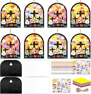 24 Sets Religious Easter Suncatchers Crafts Kit Christian Tissue Paper Kits DIY Easter Church VBS Suncatchers Lent Craft Art Resurrection Hanging Ornament for Sunday Game Activities Window Art