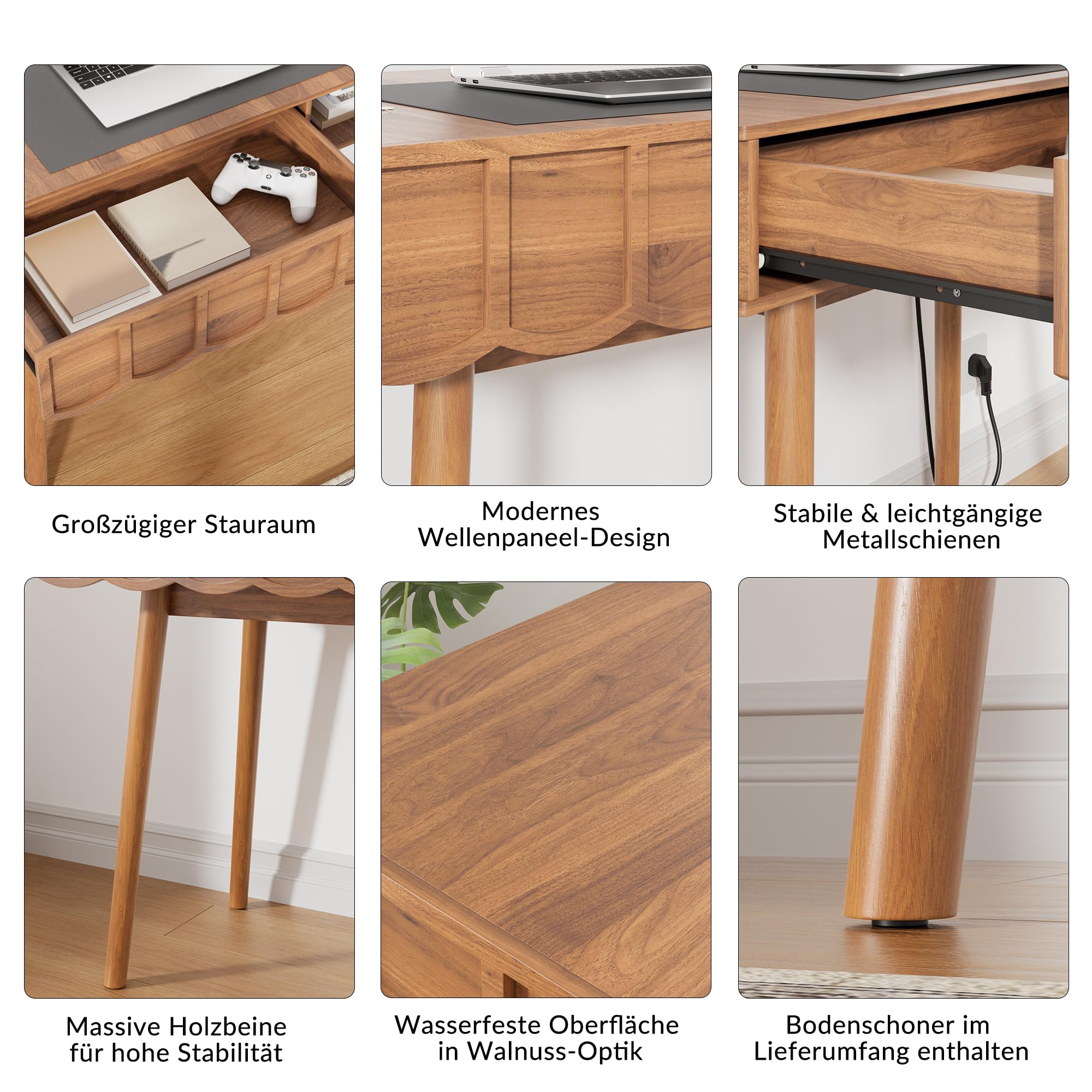 Escritorio Madera con Enchufes USB, 109x51x76cm, 40L Almacenamiento, Nogal Impermeable, para Oficina, Dormitorio, Mesita de Maquillaje，Cable de Alimentación， Mid-Century Modern