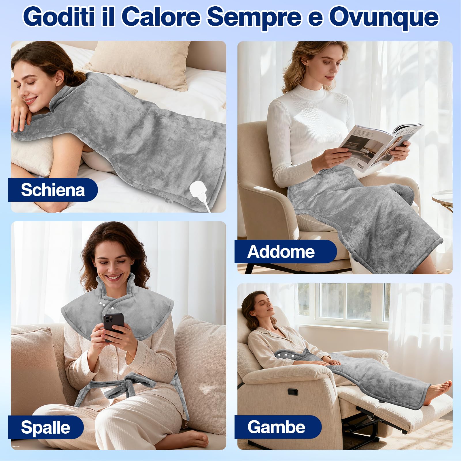 Termoforo Elettrico Cervicale e Spalle 60x100cm, 9 livelli di Riscaldamento, 4 Timer, Riscaldamento Rapido, Spegnimento Auto per Schiena Addome e Gambe, Flanella, Lavabile in Lavatrice