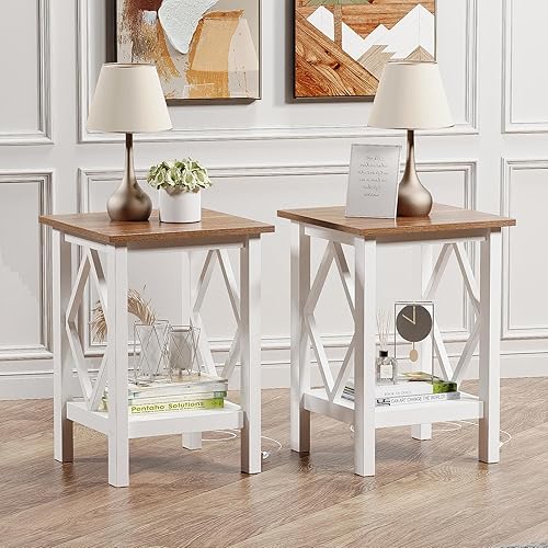 Miniatura 8 de Juego de 2 mesas auxiliares con estación de carga, mesa auxiliar con puertos USB y tomas, mesita de noche, mesa auxiliar de 2 niveles con estante de