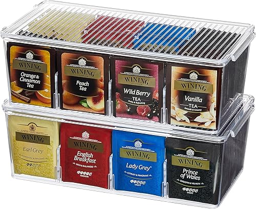 Lifewit Paquete de 2 organizadores de bolsas de té apilables de plástico, caja de almacenamiento dividida para armarios de cocina, encimeras,