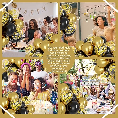 Miniatura 7 de OWill Globos de Confeti Negro y Dorado, 100 piezas de 12 Pulgadas Globos Negros y Dorados para Cumpleaños, Decoraciones de Graduación, Bodas y