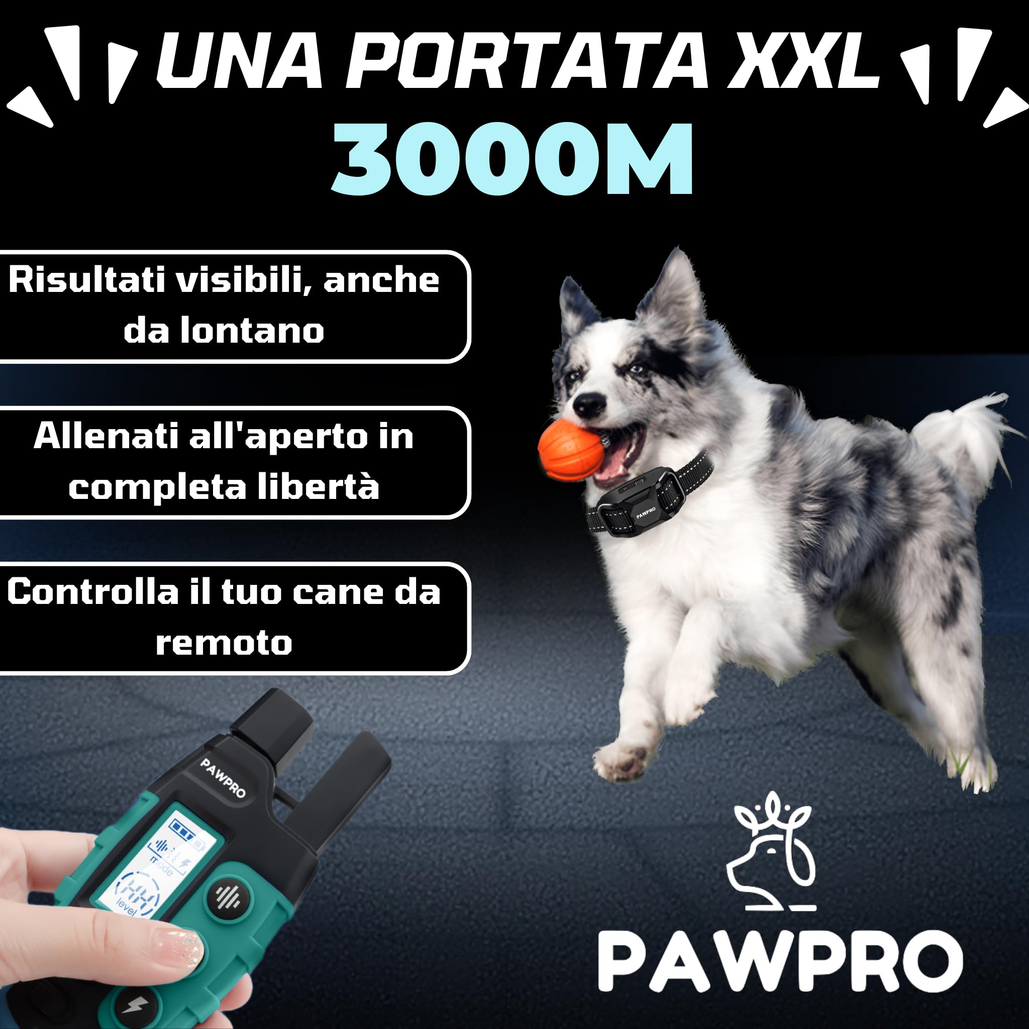 PAWPRO Collare da Addestramento per Cani | Portata XXL di 3000 m | Conforme Nuova Legge Benessere Animali 2024 | 3 moda Beep, Vibrazione, Boost Vibrazione | Per cani di Tutte le Taglie | Manuale IT