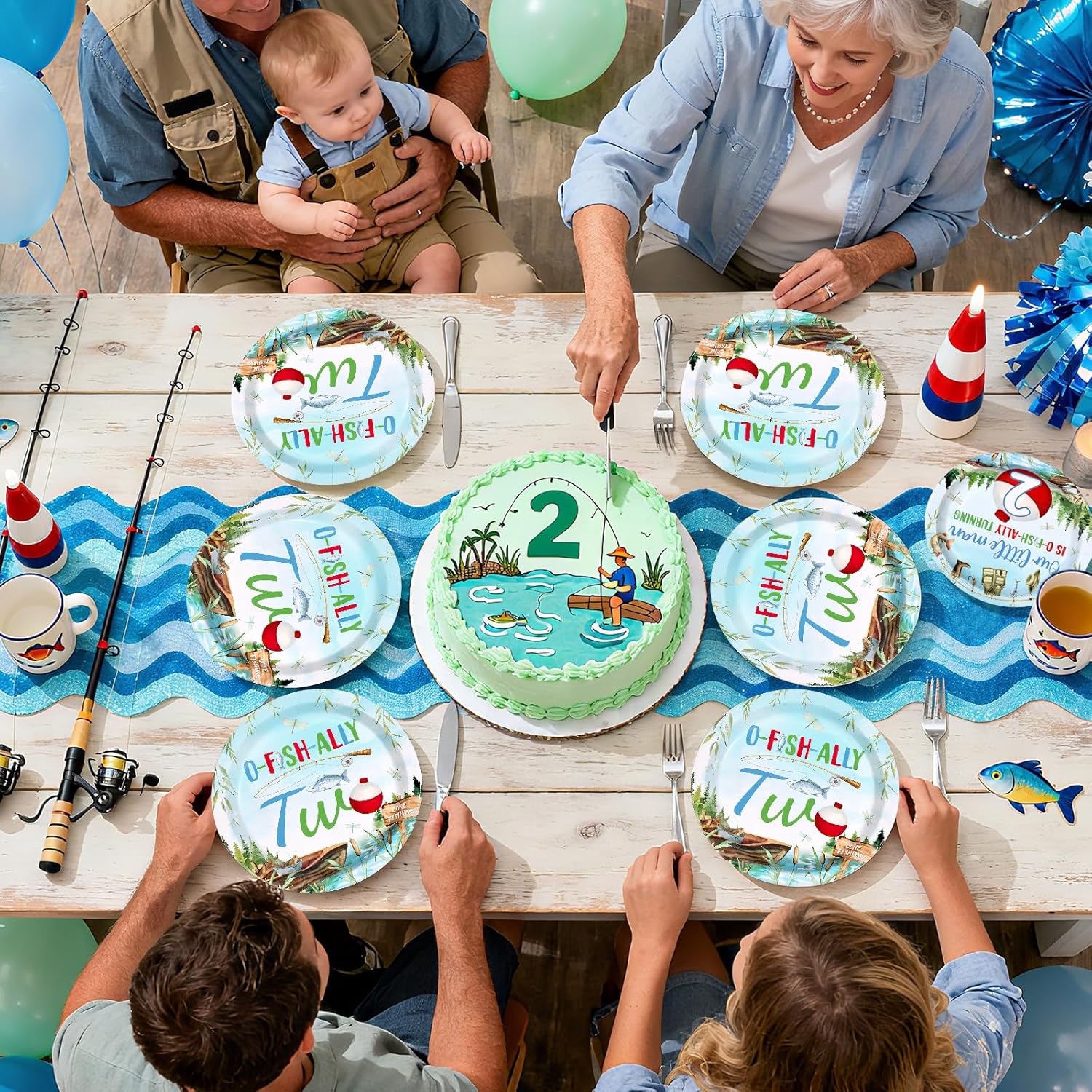 96Pcs Fishing 2nd Birthday Party Decorations Gone Fishing Two Paper Plates and Napkins Ofishally Two Disposable Tableware Set for Fisherman Baby Shower 2nd Birthday Party Supplies, Serves 24 - Image 8