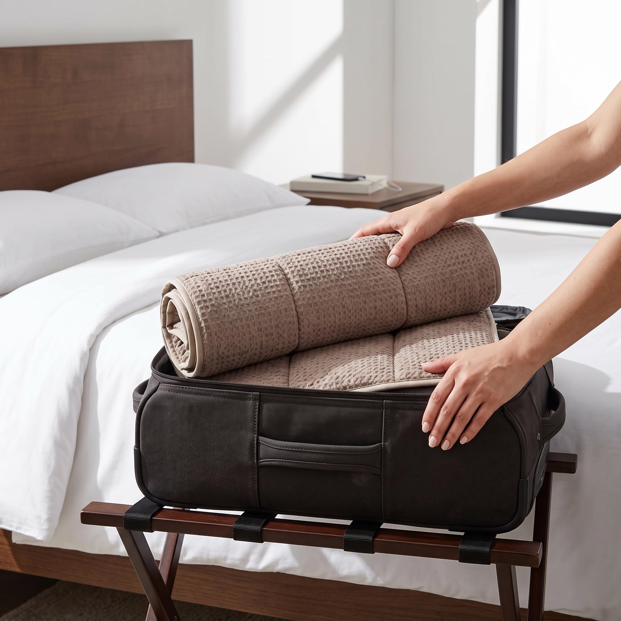 Almohada Viaje Plegable Algodón Ajustable para Avión y Coche, Marrón