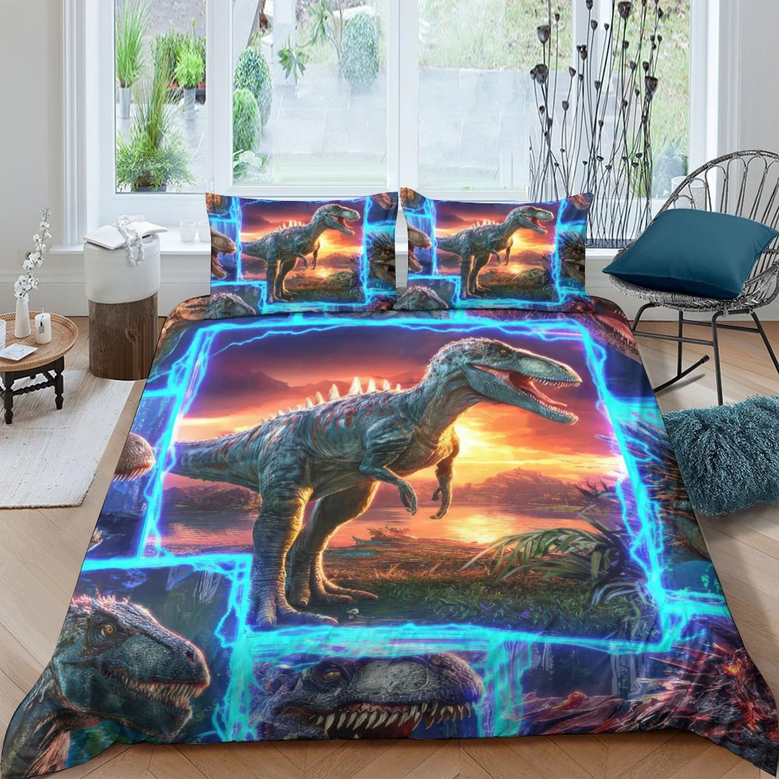 Ctjqhvkz Style-3 3D Printed Dinosaur Sunset Fitted Sheet Microfiber Soft Non-Slip Blue Jurassic Bed Cover For Bedroom Dorm Decor Single（135X200cm）