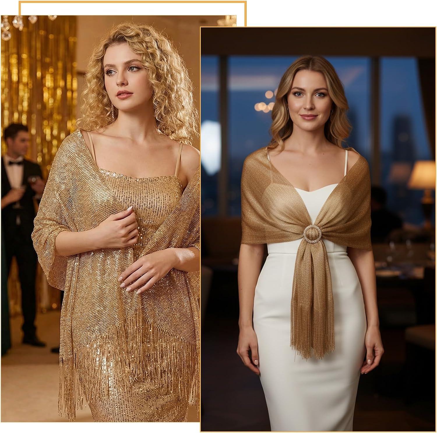 Glitter Metallic Shawls and Wraps with Buckle, Sparkling Shawl Wrap Scarf Tassel for Evening Dresses Party Bride(Gold)