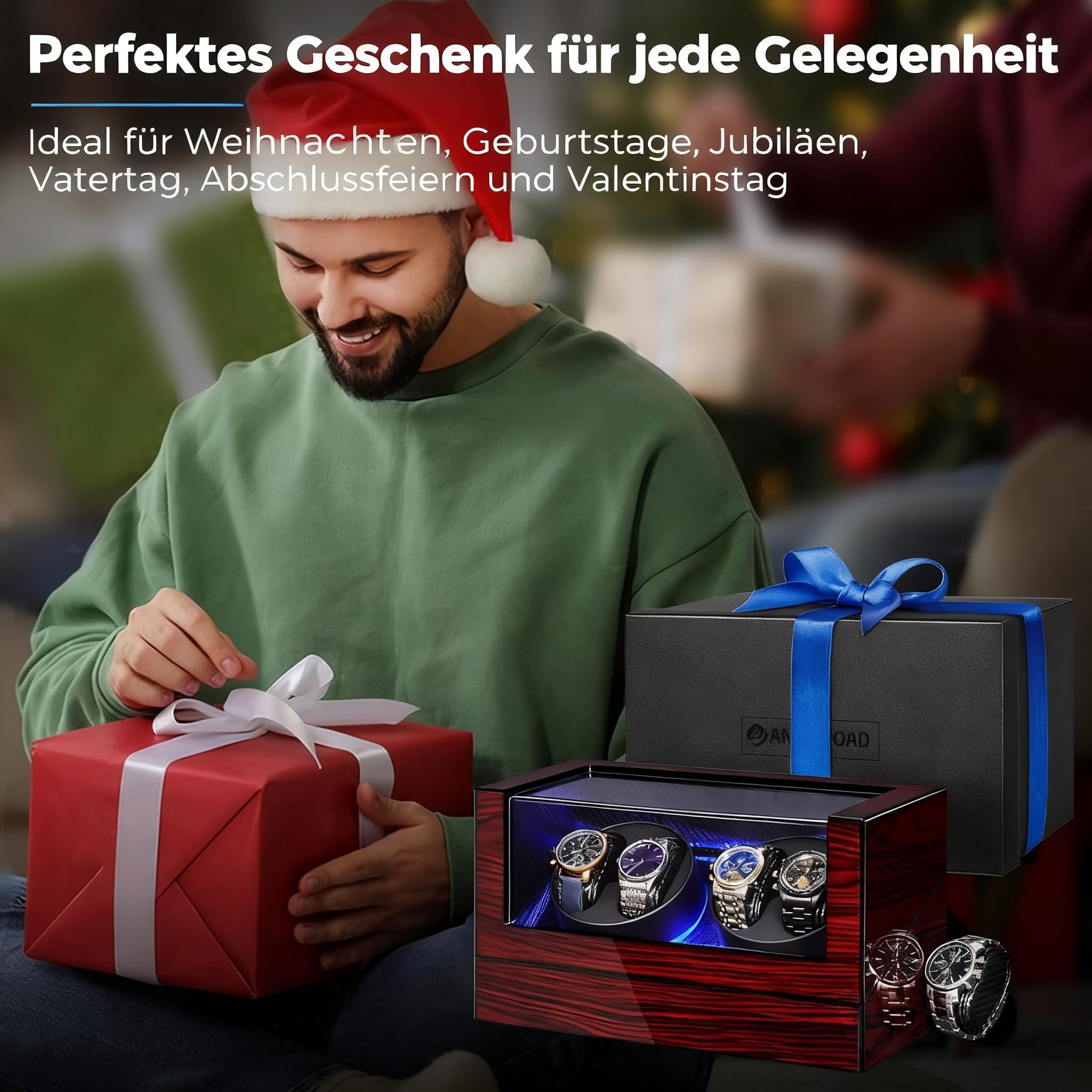 ANWBROAD Automatik Uhrenbeweger, Automatikuhren-Winderbox mit LED-Beleuchtung, Uhrendreher für Automatikuhren, 4-fach-Uhrenrotator mit superleisem Motor und 4 Rotationsmodi, JWW011Y