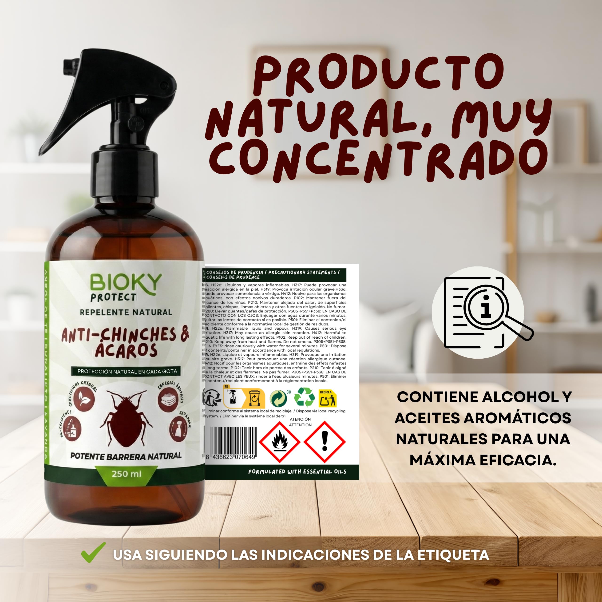 Protect | Spray Anti-Chinches y Ácaros 250ml | Rpelente Con Aceites Esenciales | x10 veces Más Concentrado que Otros | Apto para Textil, Hogar, Sofás, Colchón, Ropa de Cama