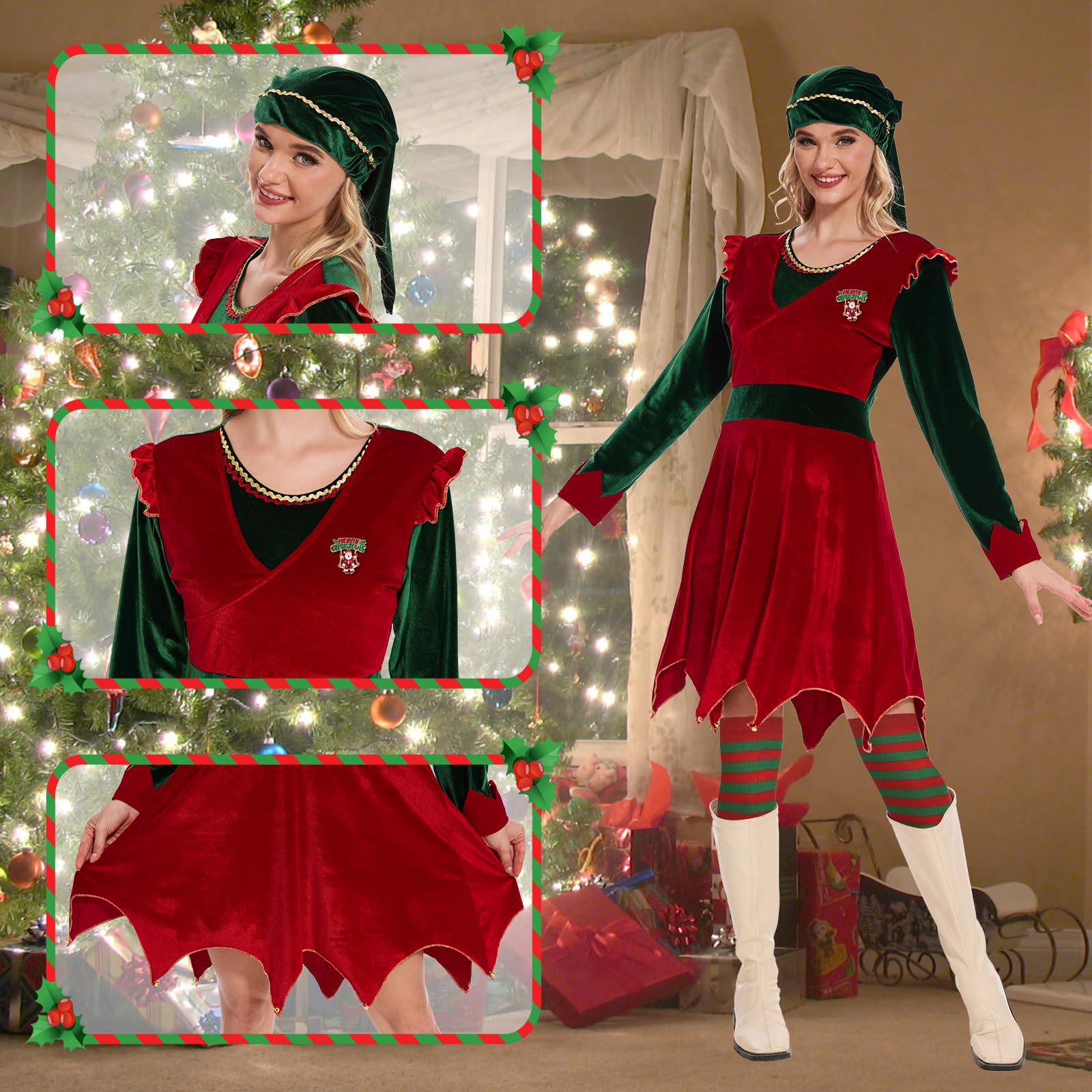 Disfraz de elfo Jovi para mujer, conjunto de vestido de elfo navideño con broche y calcetín para fiesta de disfraces de Navidad