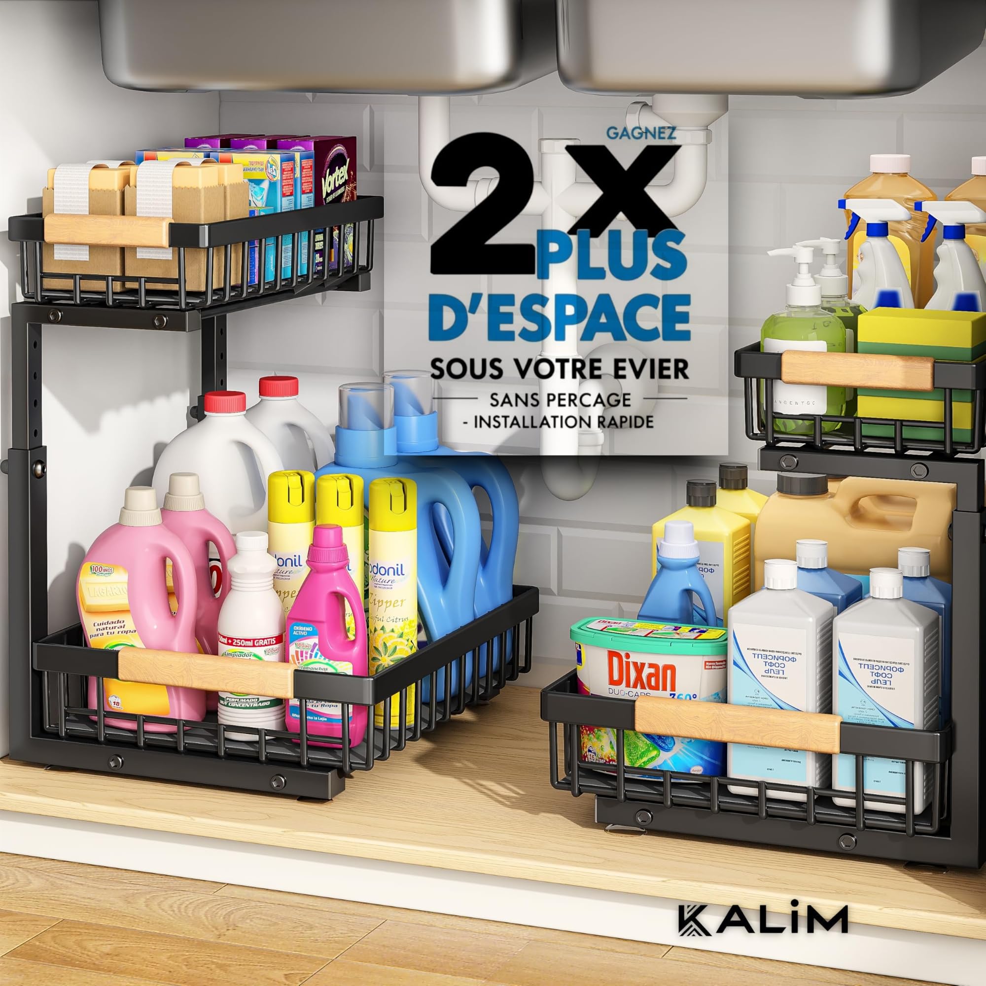 Rangement Sous Evier Coulissant 2 Niveaux Gain de Place Cuisine Plateau Large 30 cm Reglable 35 a 43 cm Acces Facile Placard Salle de Bain Buanderie - 4