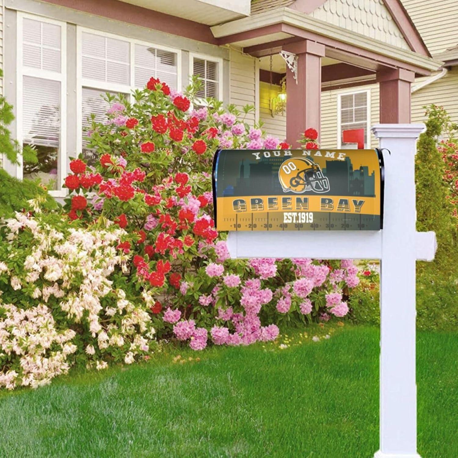 Green Bay Mailbox Cover，Custom Magnetic Post Letter Box Cover，Personalized Mailbox Wrapped with Name Number,Waterproof Mail Cover for Home Garden Yard Outdoor Decor
