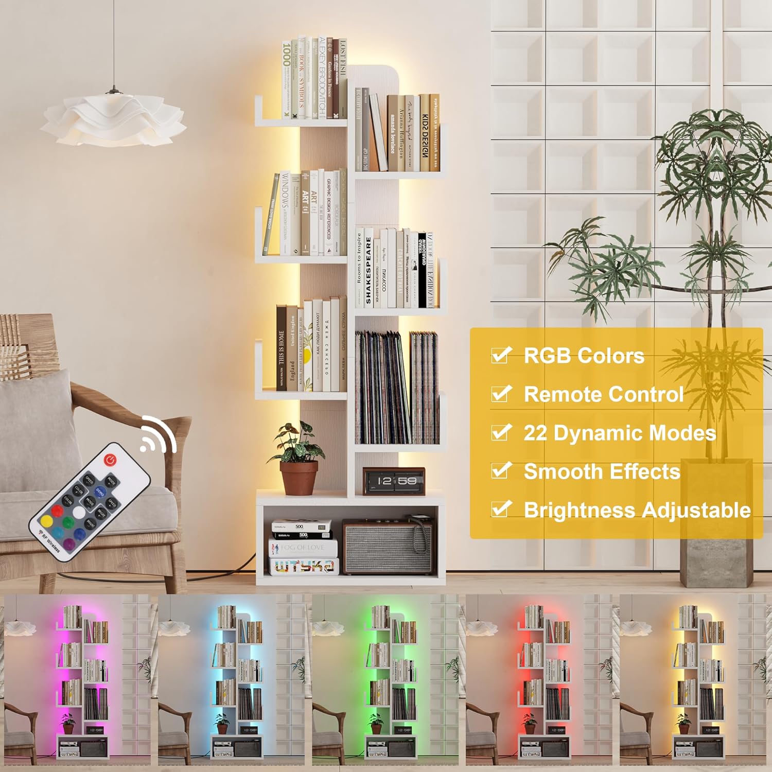 6 Tier Book Shelf with LED Lights, Floor Standing Bookshelf, Classical Corner Kids Bookshelf, Tall Wood Book Storage for Bedroom, Living Room, Home Office