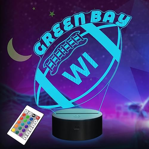Luz nocturna de fútbol 3D Green Bay, regalos de fútbol, luz de iluminación 3D, regalo para niños, 16 colores cambiantes, control remoto, iluminación