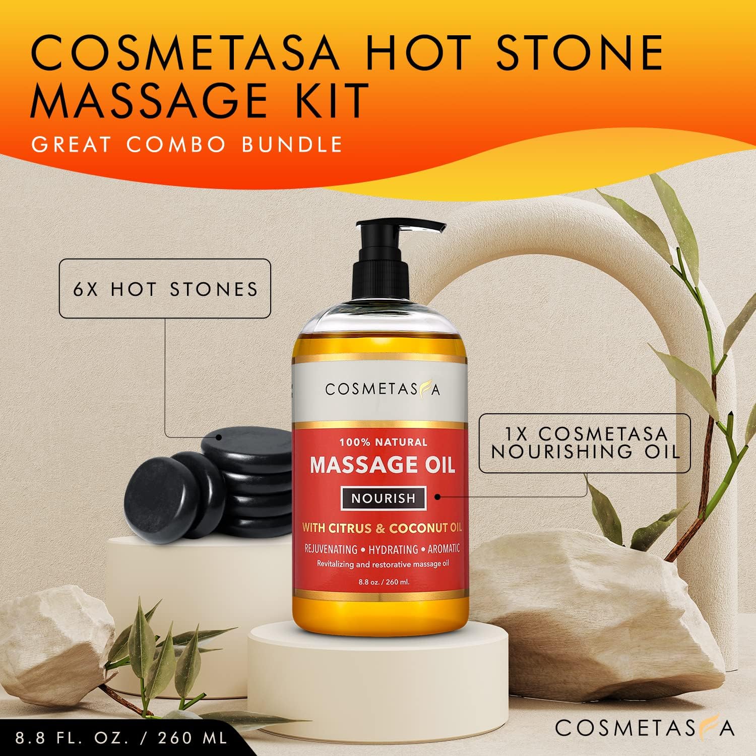 Natural Nourishing Massage Oil with Massage Hot Stones - Therapeutic Citrus & Coconut Massage Oils, Hydrating & Aromatic Essential Oils for Dry Skin, Soothes Muscle & Joints 8.8 oz