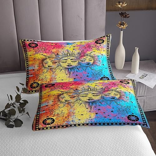 Miniatura 8 de Erosebridal Juego de edredón bohemio de sol y luna, juego de colcha hippie bohemio de 3 piezas, ropa de cama colorida teñida con lazo, juego de