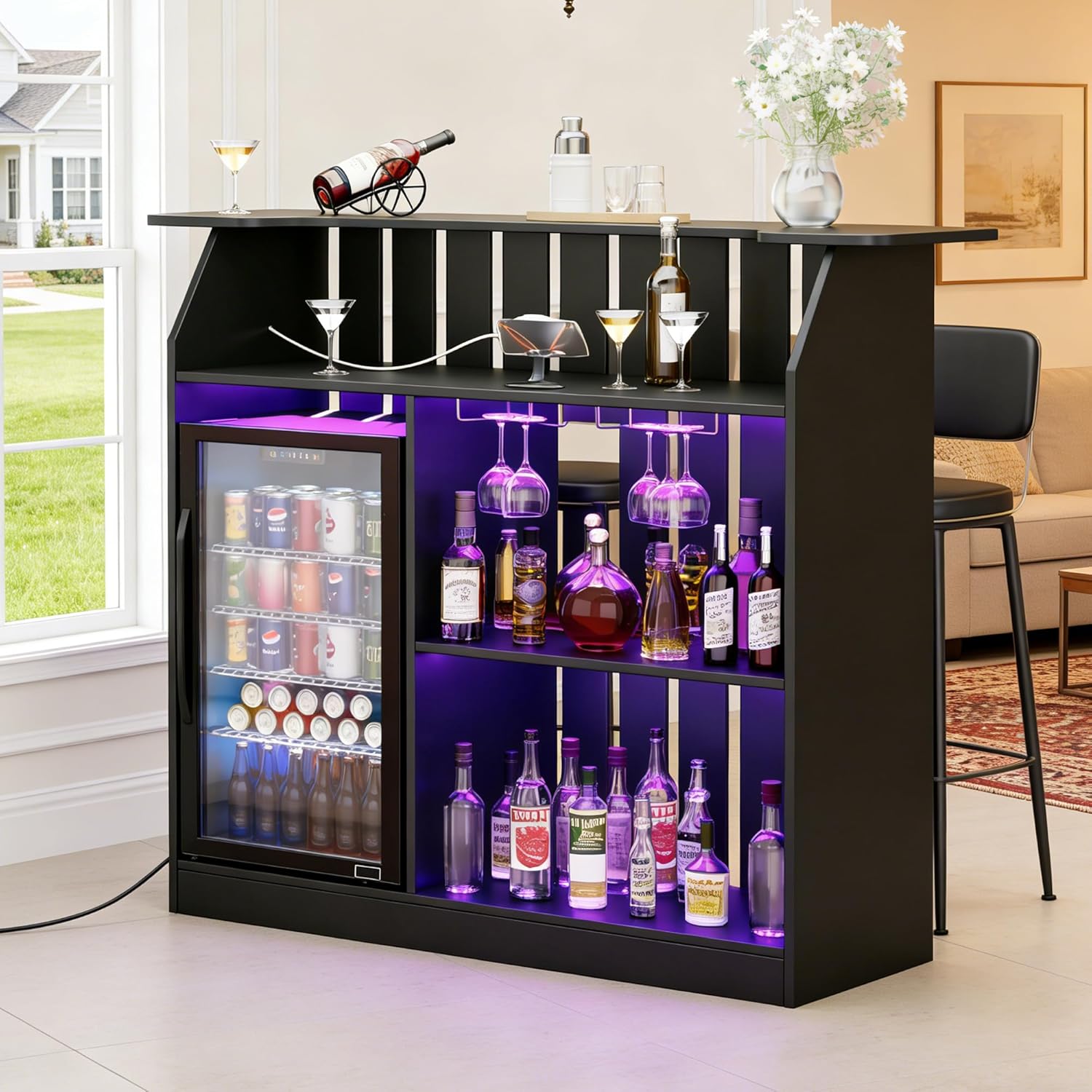 Home Bar Unit with Fridge Space, Farmhouse Liquor Wine Cabinet with LED Lights, Power Outlet, Glass Holder, 61.4" Mini Bar Table with Storage for Home Pub, Basement, Living Room, Bistro, Black