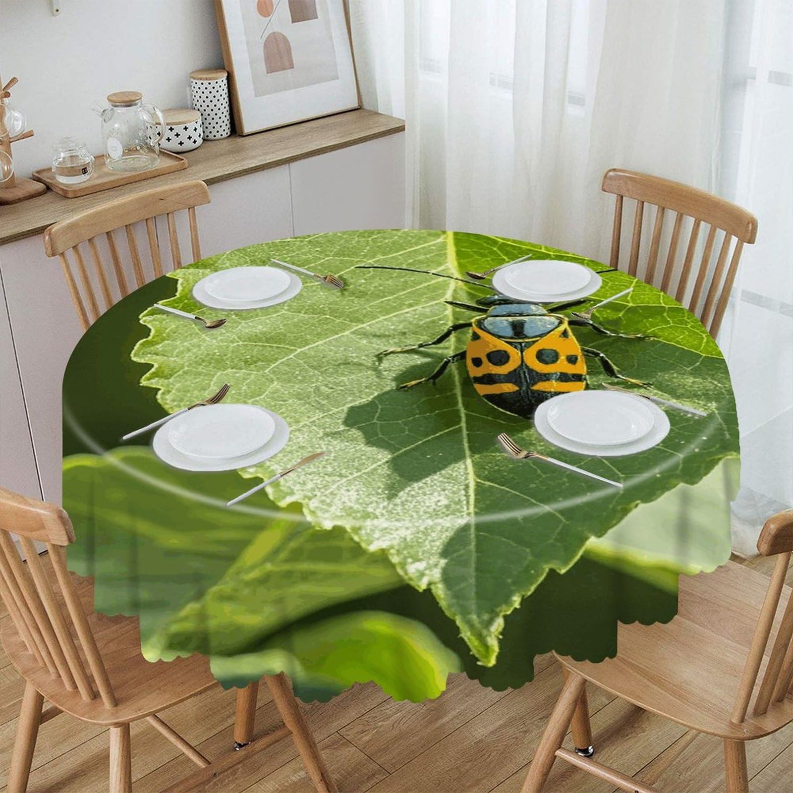 LZQPOEAS Insects on Leaves Round Tablecloth Rustic Circle Table Cloth Wrinkle Resistant Decor Tablecloth Waterproof Washable Table Cover for Kitchen Party Dining Table 60 Inch