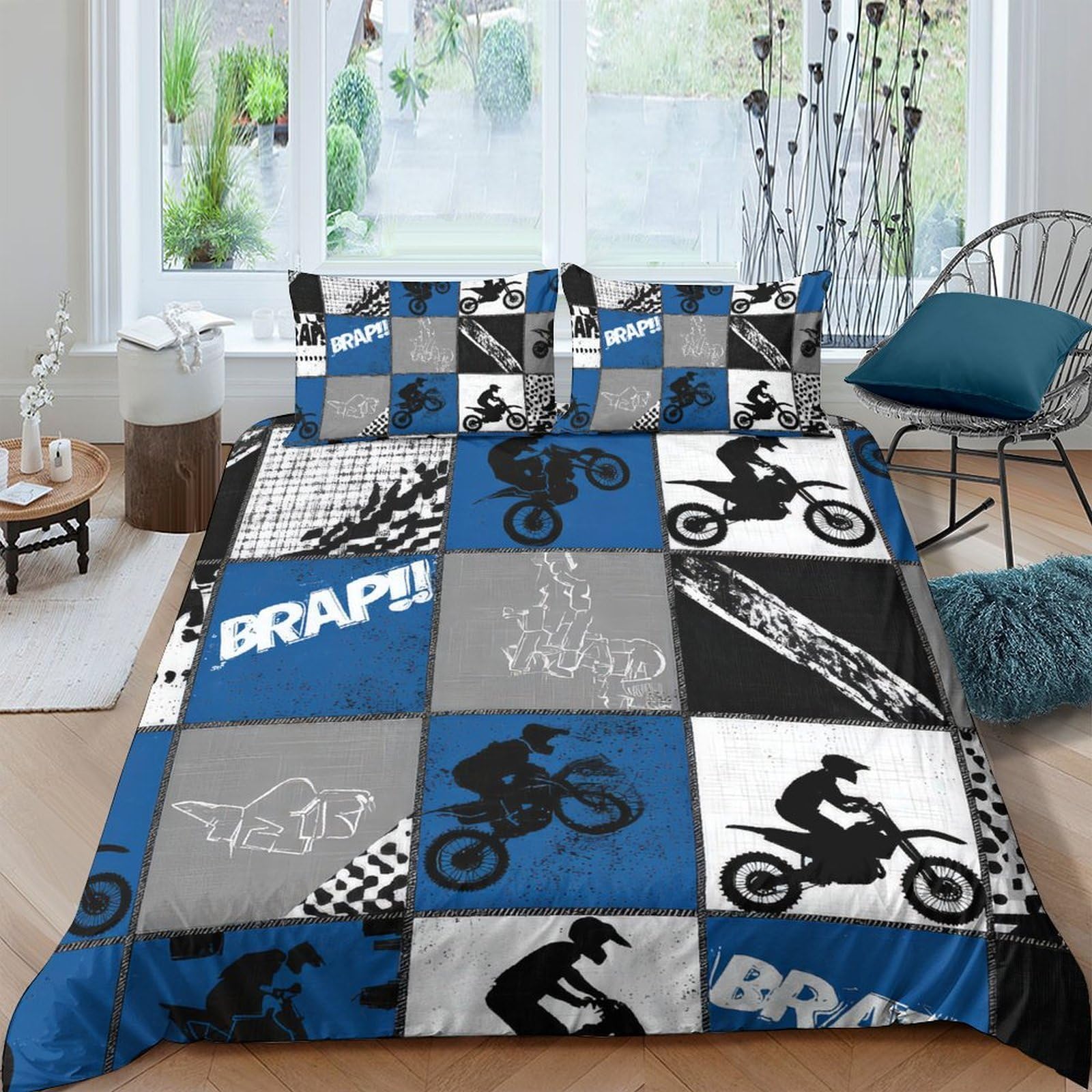 TUFRTGYHN 3D Printed Motocross Rider Duvet Cover Set Microfiber Blue Black Patchwork Bedding with 2 Pillowcases for Bedroom Decor Single（135x200cm）