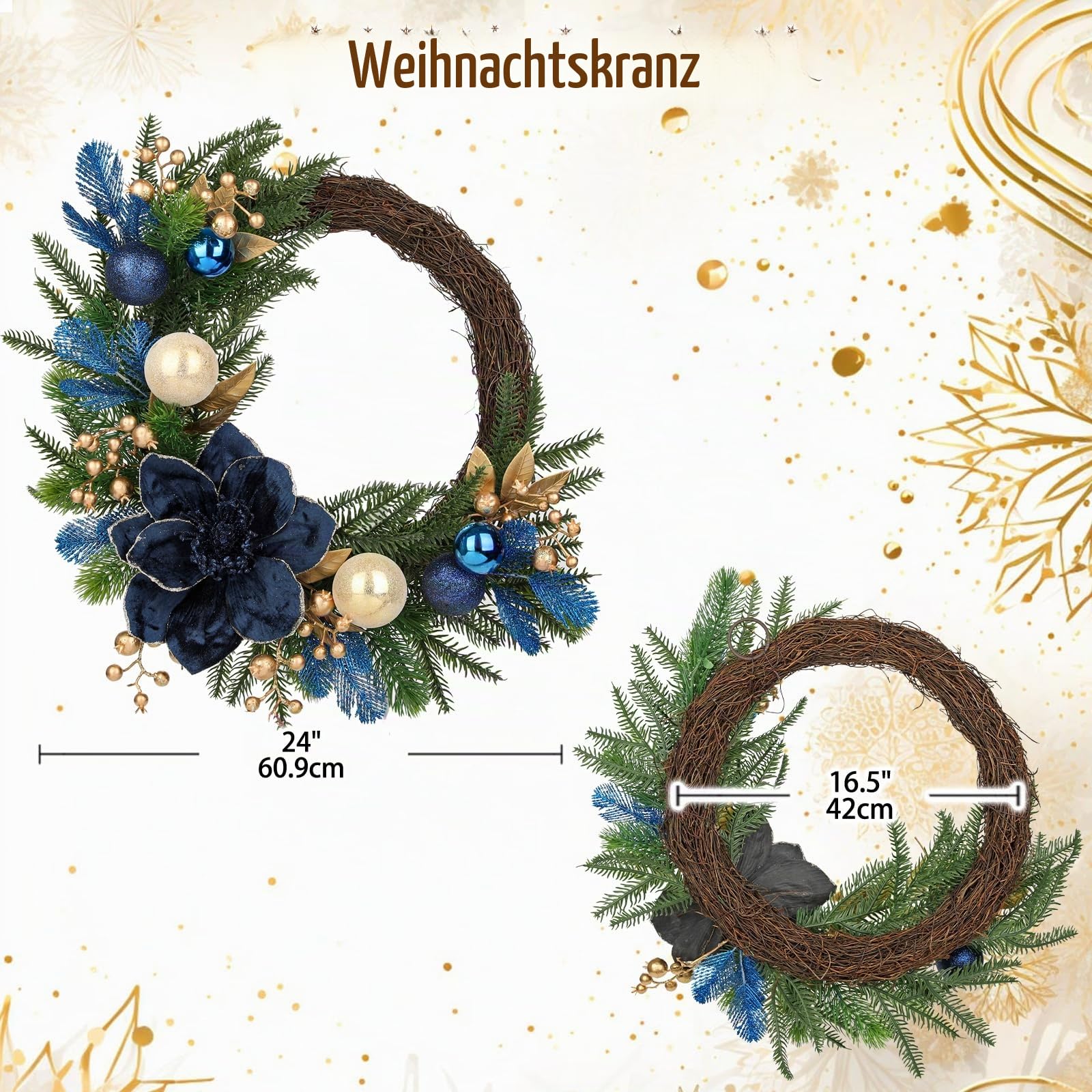 Weihnachtskranz Ø 60,9 cm – Handgefertigte Künstliche Türdekoration mit Kunstblumen, Christbaumkugeln & Tannenzweigen – Luxuriöse Weihnachtsdeko für Innen & Außen, Blau-Gold