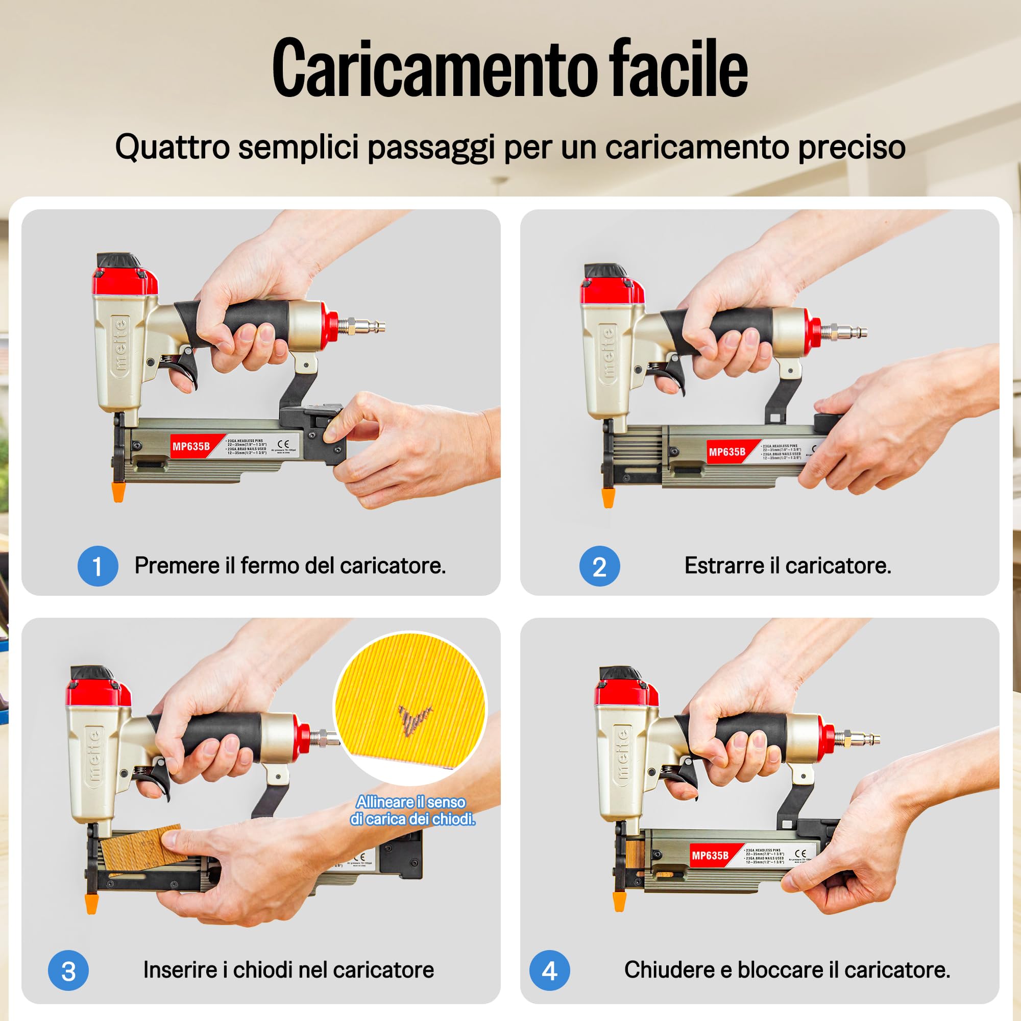 meite MP635B Chiodatrice Pneumatica a Spillo 23GA, Pistola ad Aria per Chiodi Micro da 12–35 mm, Ideale per Pannellature, Rifiniture Sottili, Modanature e Lavori di Artigianato