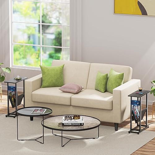 Miniatura 7 de Juego de 2 mesas auxiliares estrechas con estación de carga, mesas auxiliares delgadas con almacenamiento, mesas auxiliares delgadas para espacios