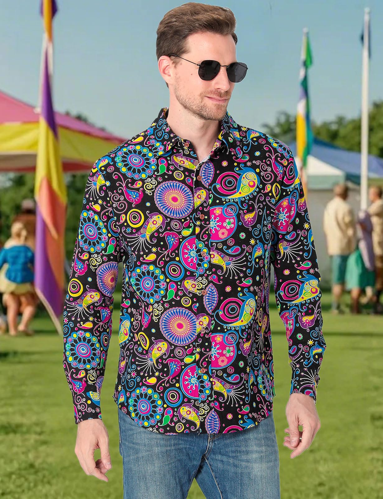 Chemise Hippie années 70 pour Homme Manches Longues Chemises Casual Fleur Moche