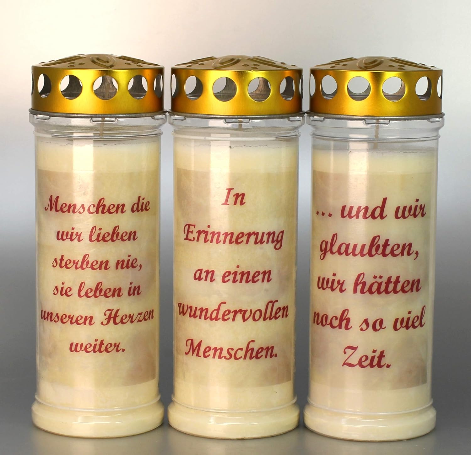 Amazon.de 3 Stück Grablichter, Grabkerzen, 3er Set mit Spruch, Größe