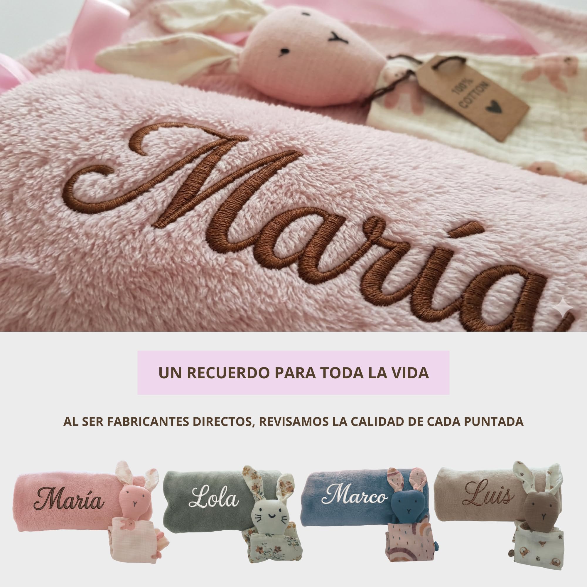 Dalvitas Manta Bebé Personalizada Nombre Bordado + Dou-Dou 100% Algodón - Fina y Ligera para Verano. Regalo Recién Nacido Niño Niña - Manta Suave y Peluche - Regalo Padres y Mamás Primerizas (Rosa) — view 6