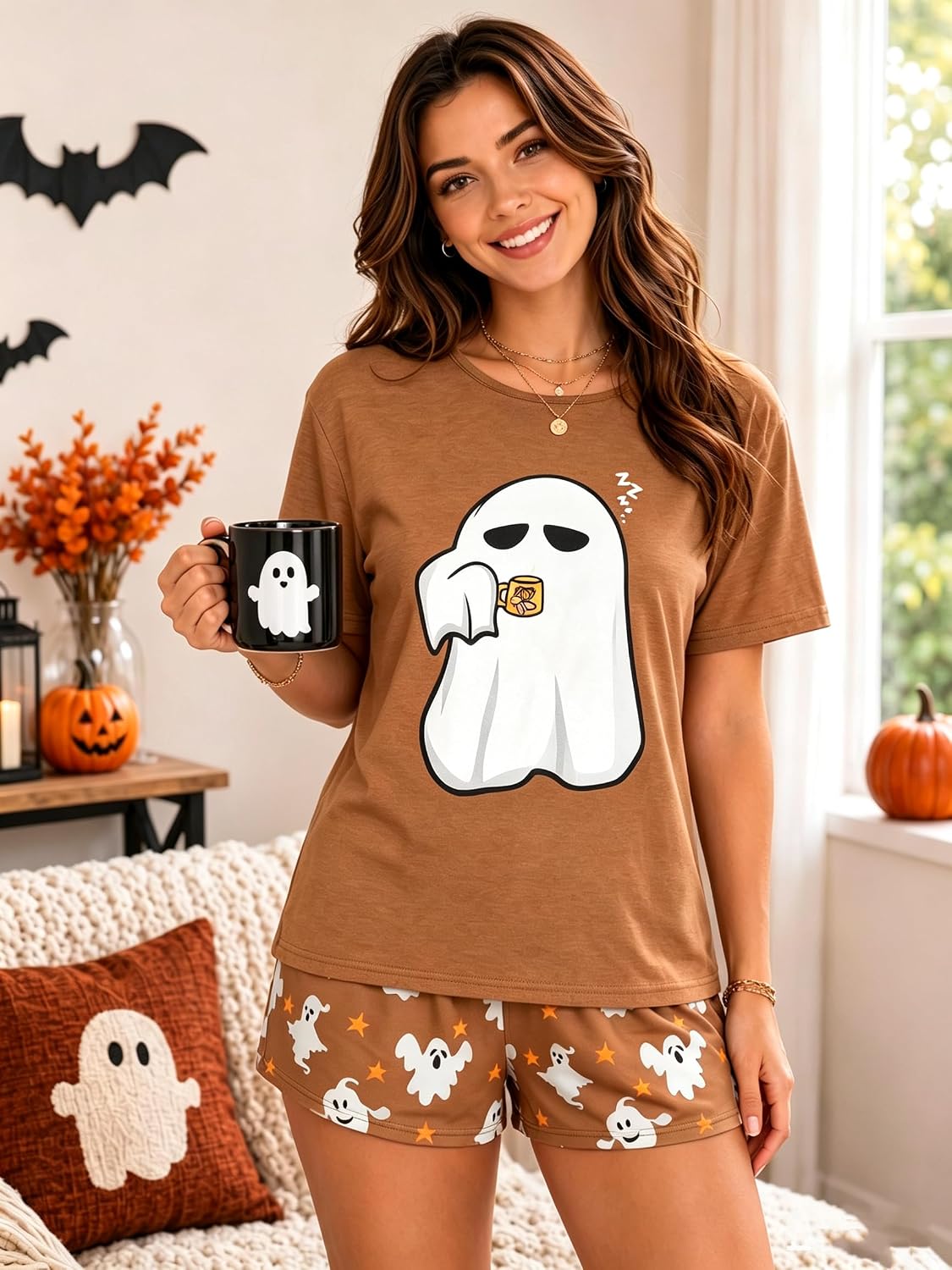 UNIQUEONE Women Halloween Pajamas Ghost Short Sleeve Sleepwear Lounge Set image 4